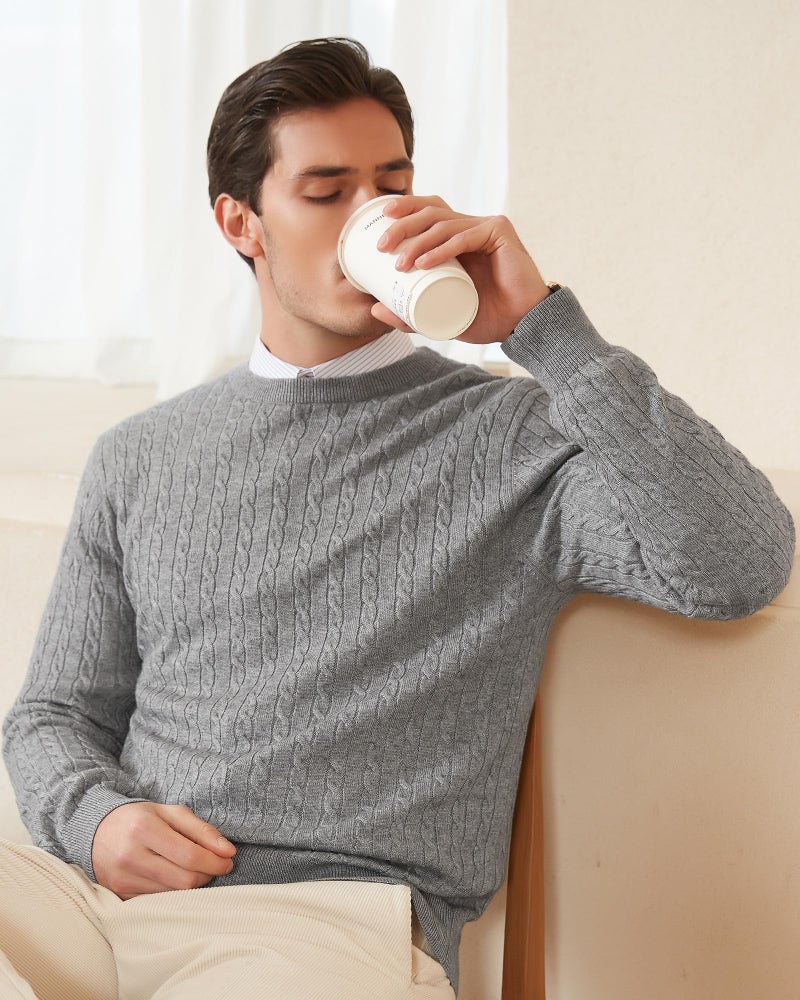 Kallspin Men's Cable Knit Crewneck Sweater Pullovers Wool Blend Relax Fit Knitwear (Light Grey, Large) - Image 5